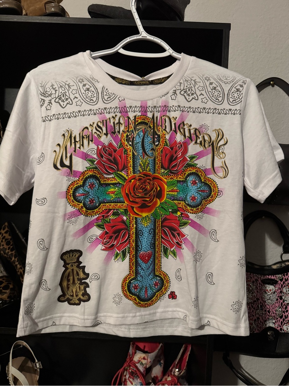 Christian Audigier White Tee with Blue Cross, Red & Pink Roses